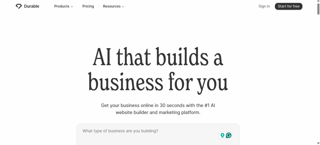 A screenshot of Durable AI website builder