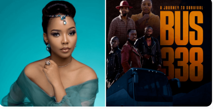 An image of Serah Ndanu, the producer and the movie poster of bus 338