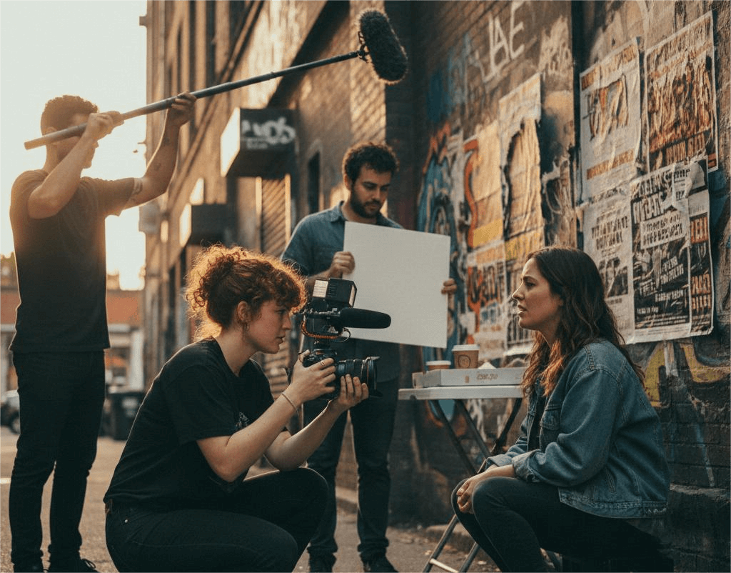 an image of a independent filmaker with a small crew